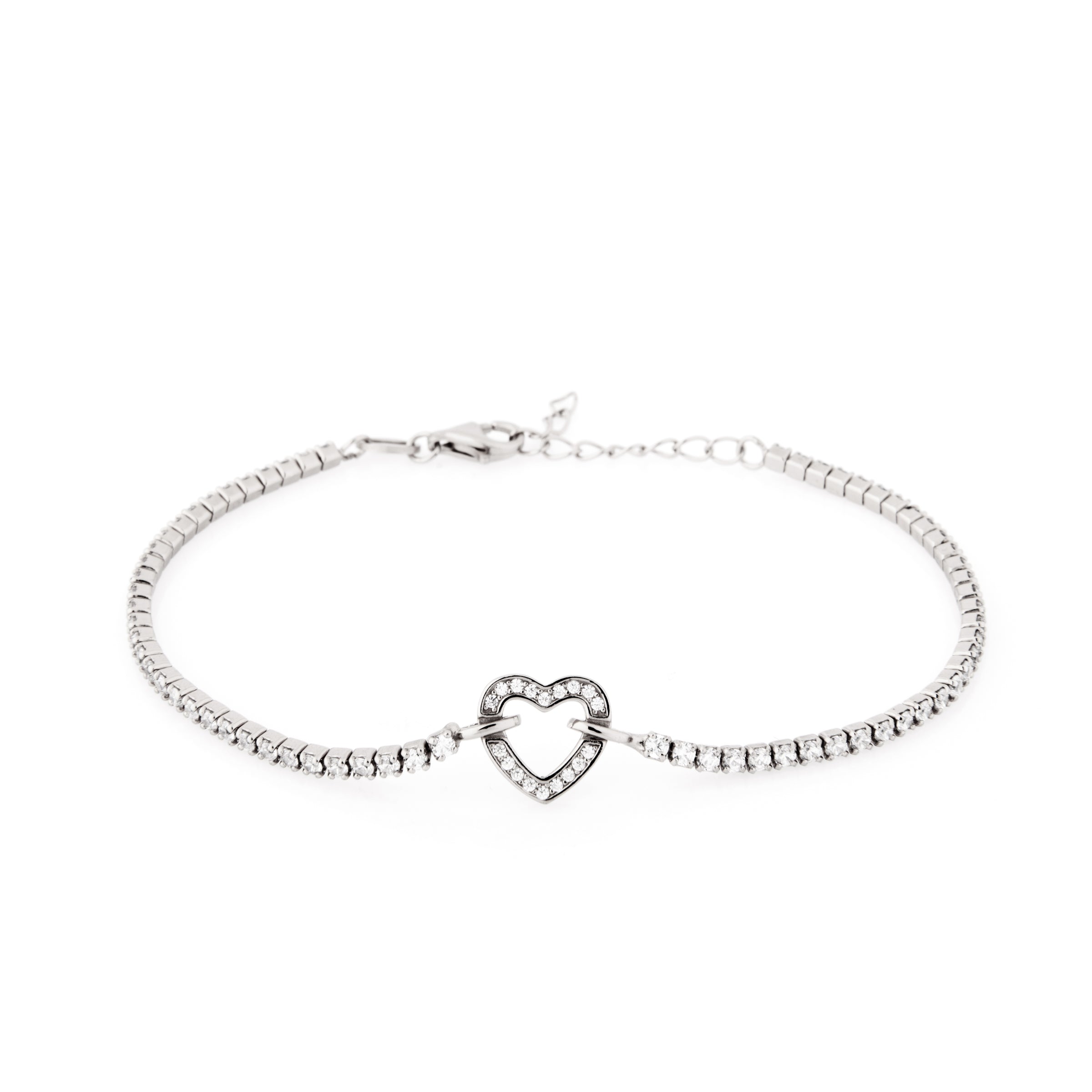 Braccialetto Tennis Cuore Centrale Celeste - Bracciale Donna Argento e Zirconi Bianchi