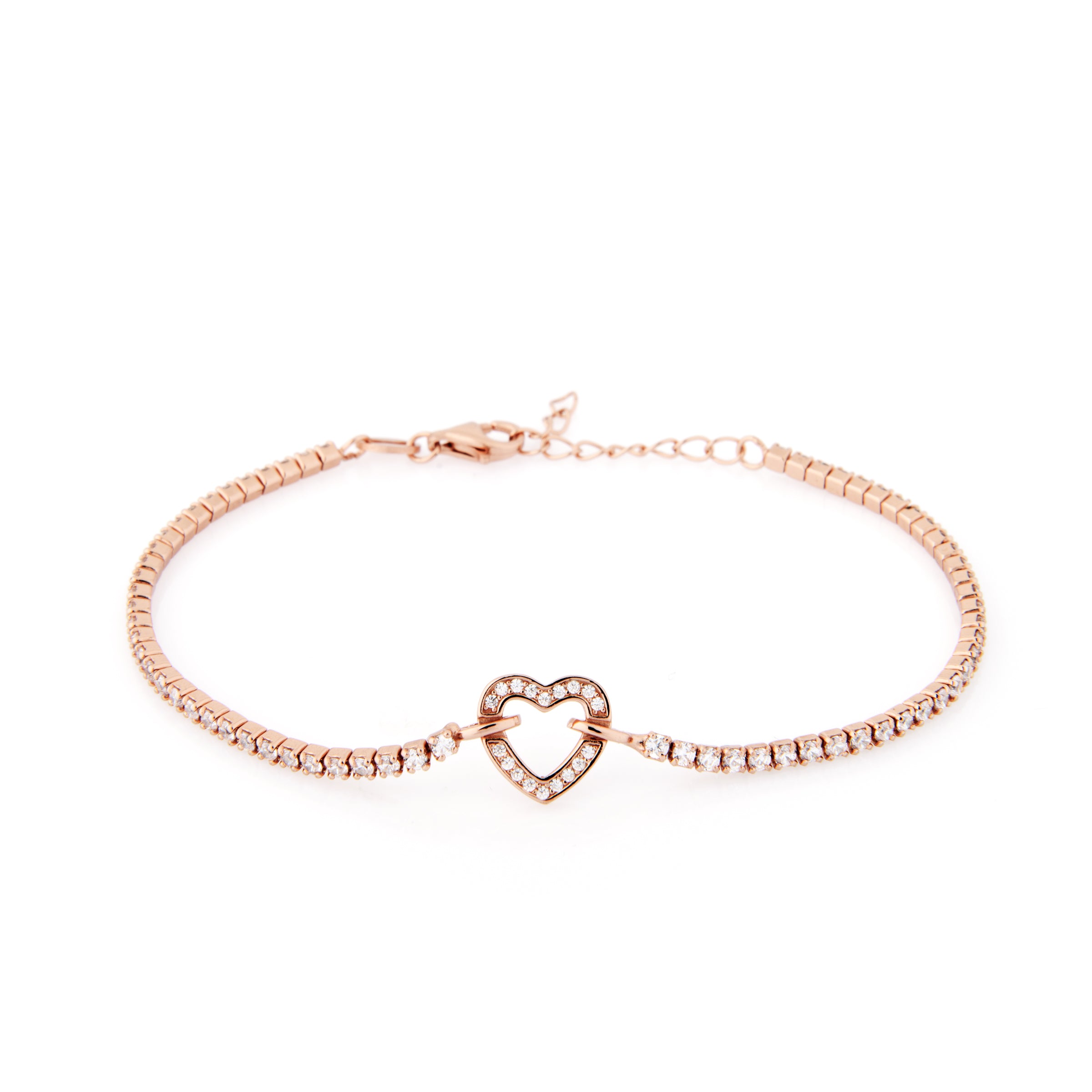 Braccialetto Tennis Cuore Centrale Celeste - Bracciale Donna Placcato Rosa e Zirconi Bianchi