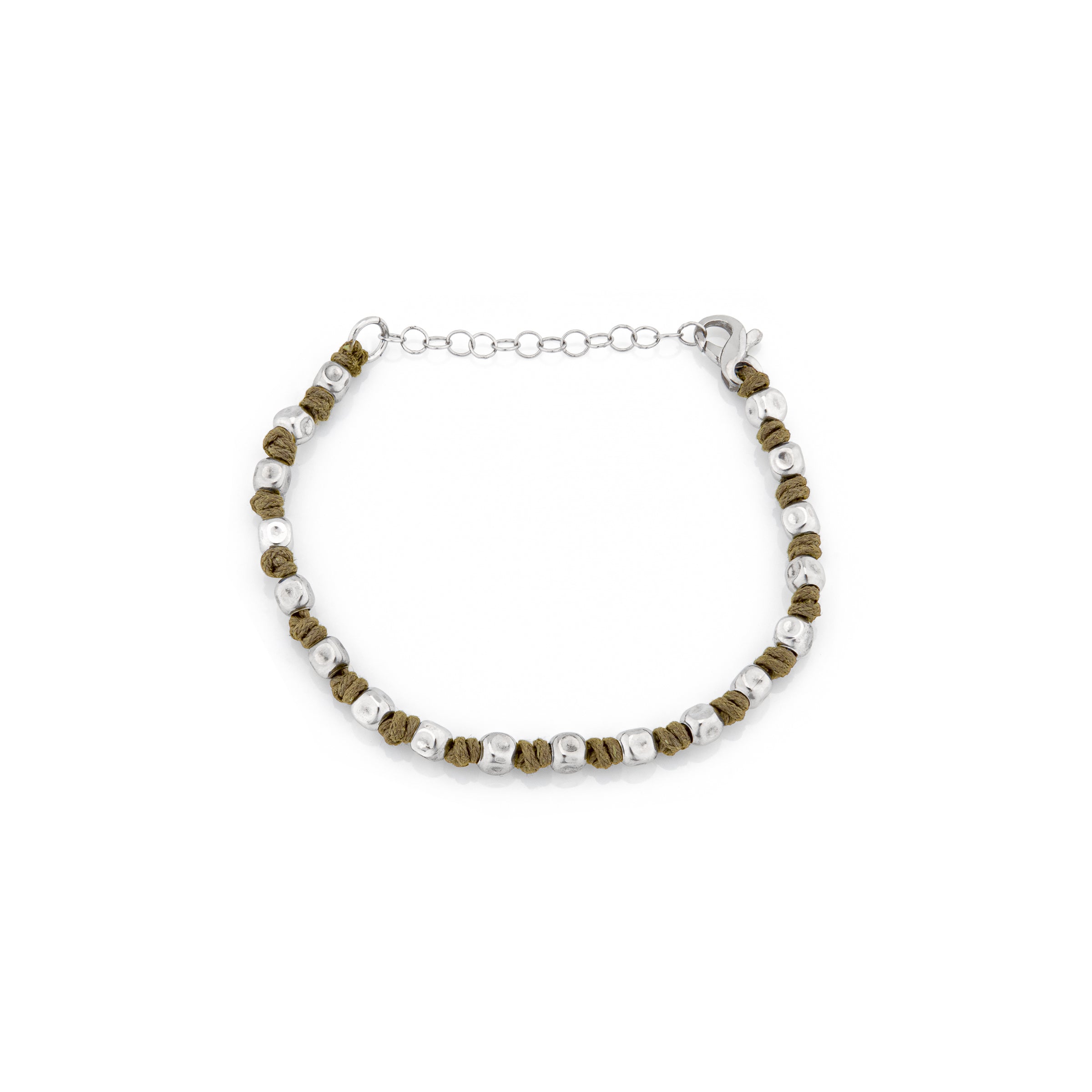 Bracciale Pepite 4 mm E Nodini Cordino Verde Militare Mattia - Bracciale Uomo Argento 925