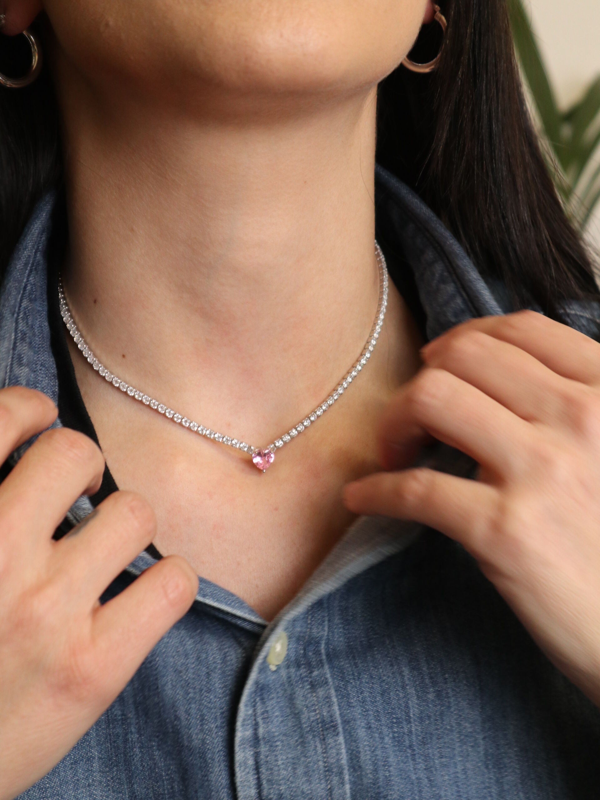 Collana Tennis Choker Madeleine Cuore Rosa - Collana Donna Argento 925