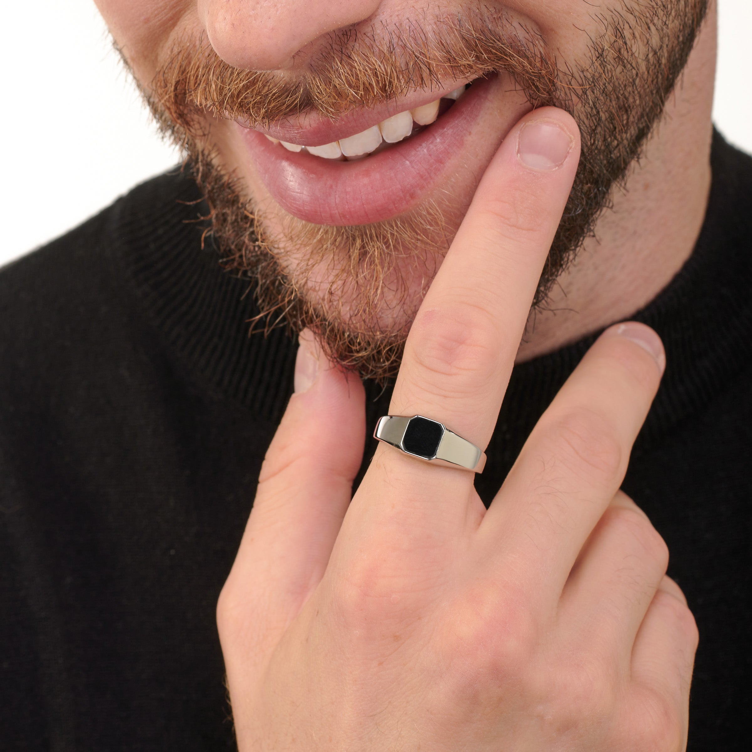 Anello Uomo Con Pietra Nera Esagonale - Anello Uomo Argento 925