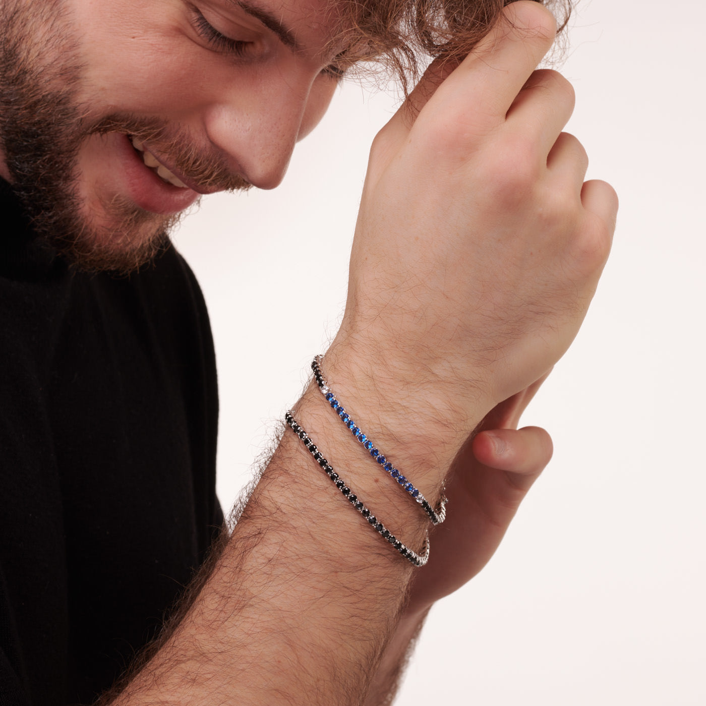 Braccialetto Tennis 3 mm - Bracciale Uomo Argento e Zirconi Neri E Zaffiro