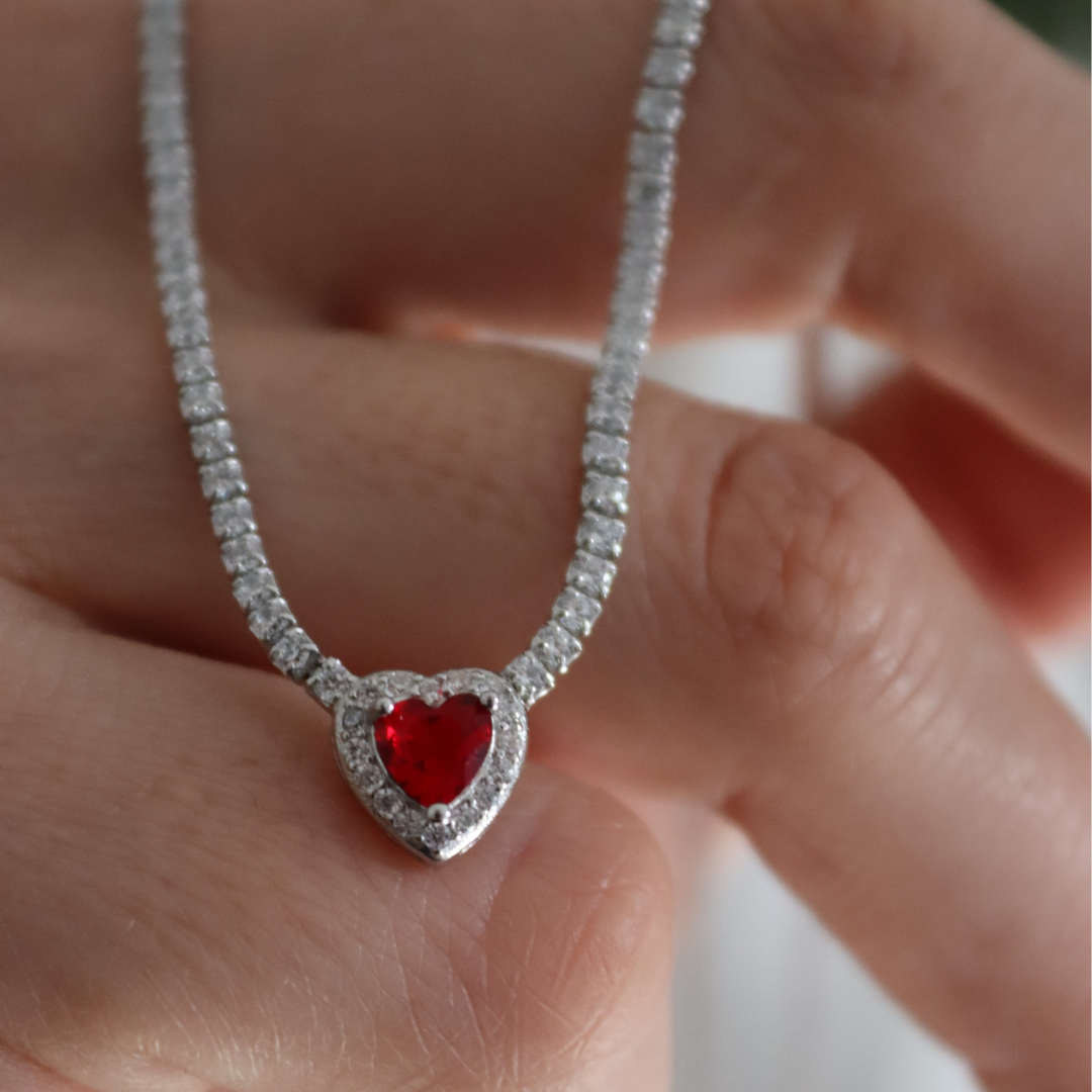 Collana Tennis con Cuore Rosso - Collana Donna Argento 925