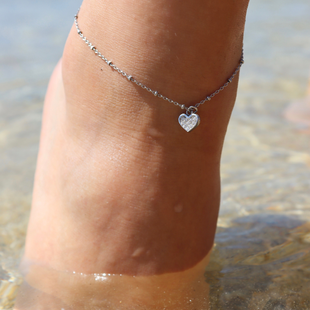 Cavigliera Pallini Alternati Con Cuore Pavè di Zirconi- Cavigliera Donna Argento e Zirconi Bianchi