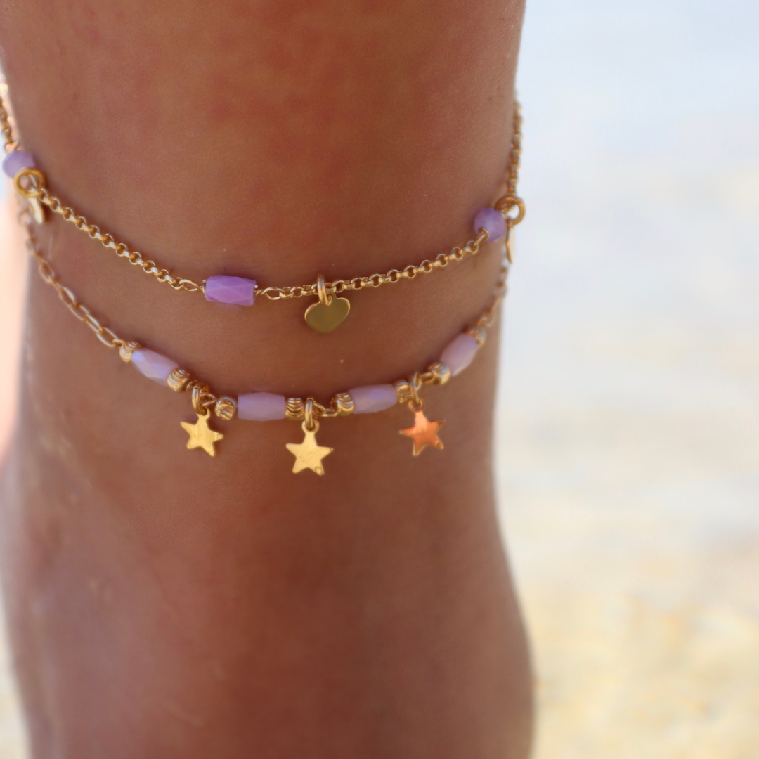 Cavigliera Con Stelle E Cristalli Rosa - Cavigliera Donna Oro Placcato 18K