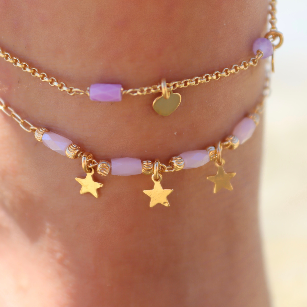 Cavigliera Cristalli Ametista E Cuori - Cavigliera Donna Oro Placcato 18K