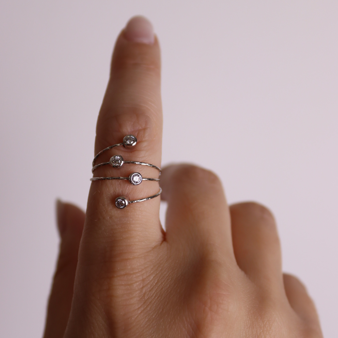 Anello a Spirale Regolabile 4 Zirconi - Anello Donna Argento 925