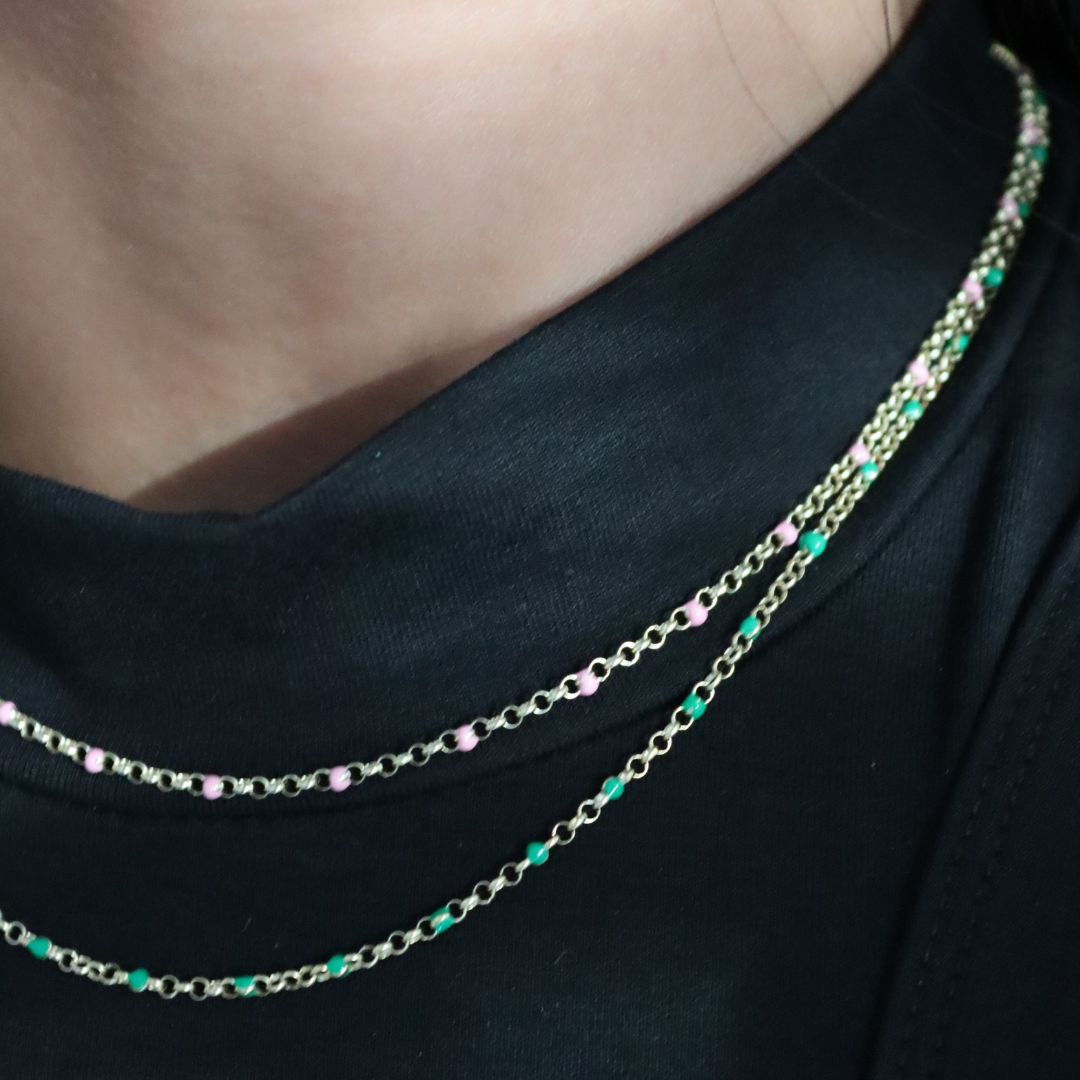 Collana Perline Colorate Rosa Gemma - Collanina Donna Oro Placcato18K