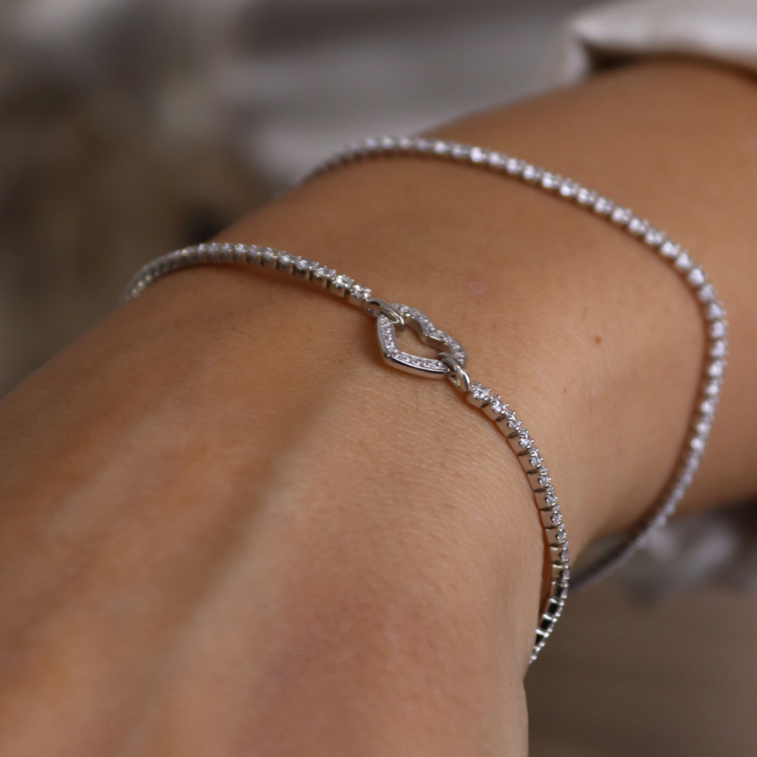 Braccialetto Tennis Cuore Centrale Celeste - Bracciale Donna Argento e Zirconi Bianchi