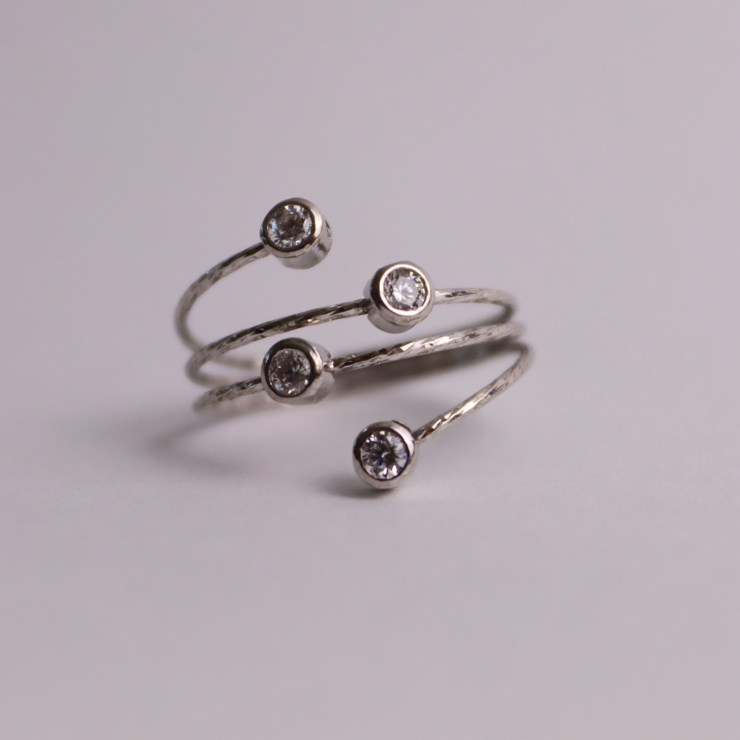 Anello a Spirale Regolabile 4 Zirconi - Anello Donna Argento 925