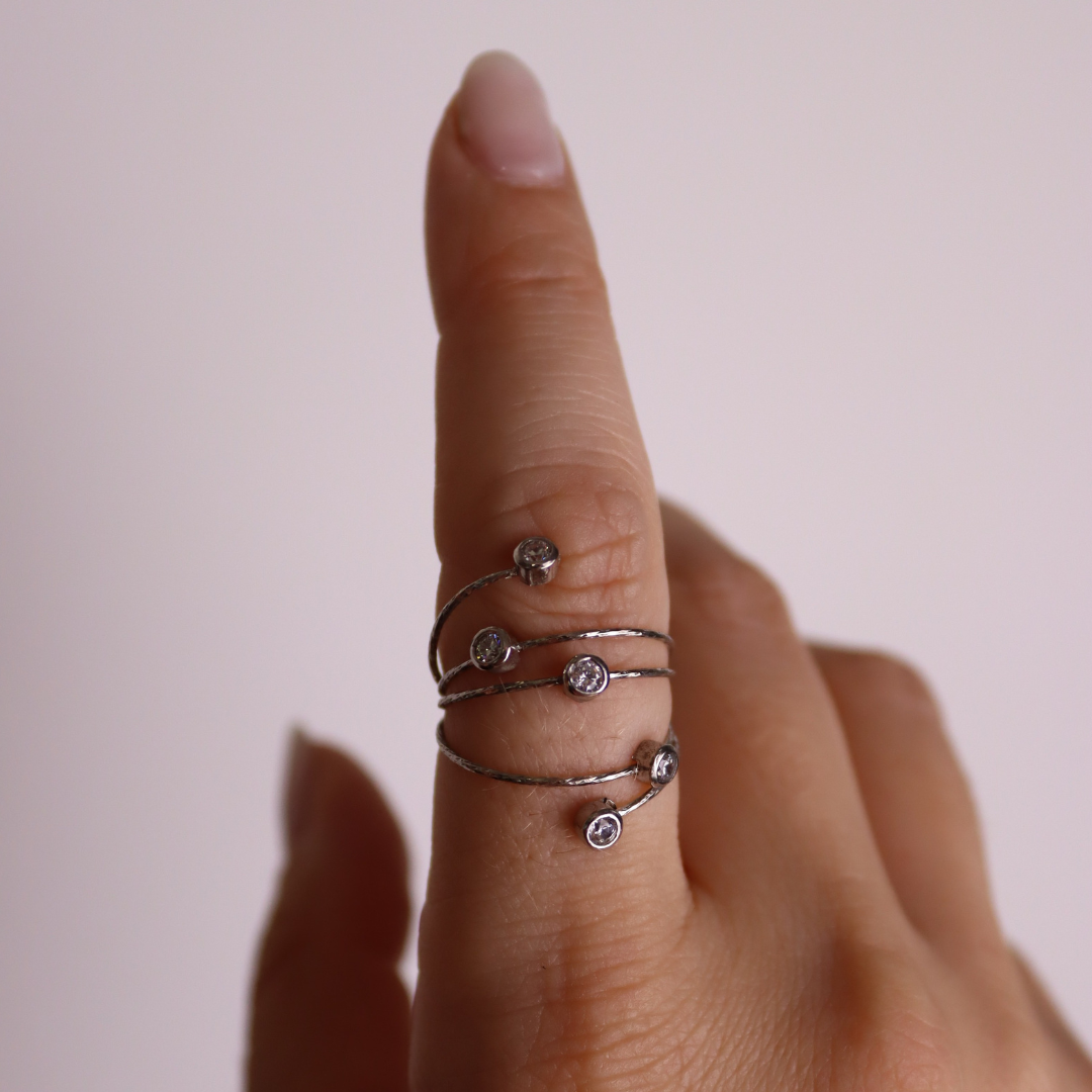 Anello a Spirale Regolabile 5 Zirconi - Anello Donna Argento 925