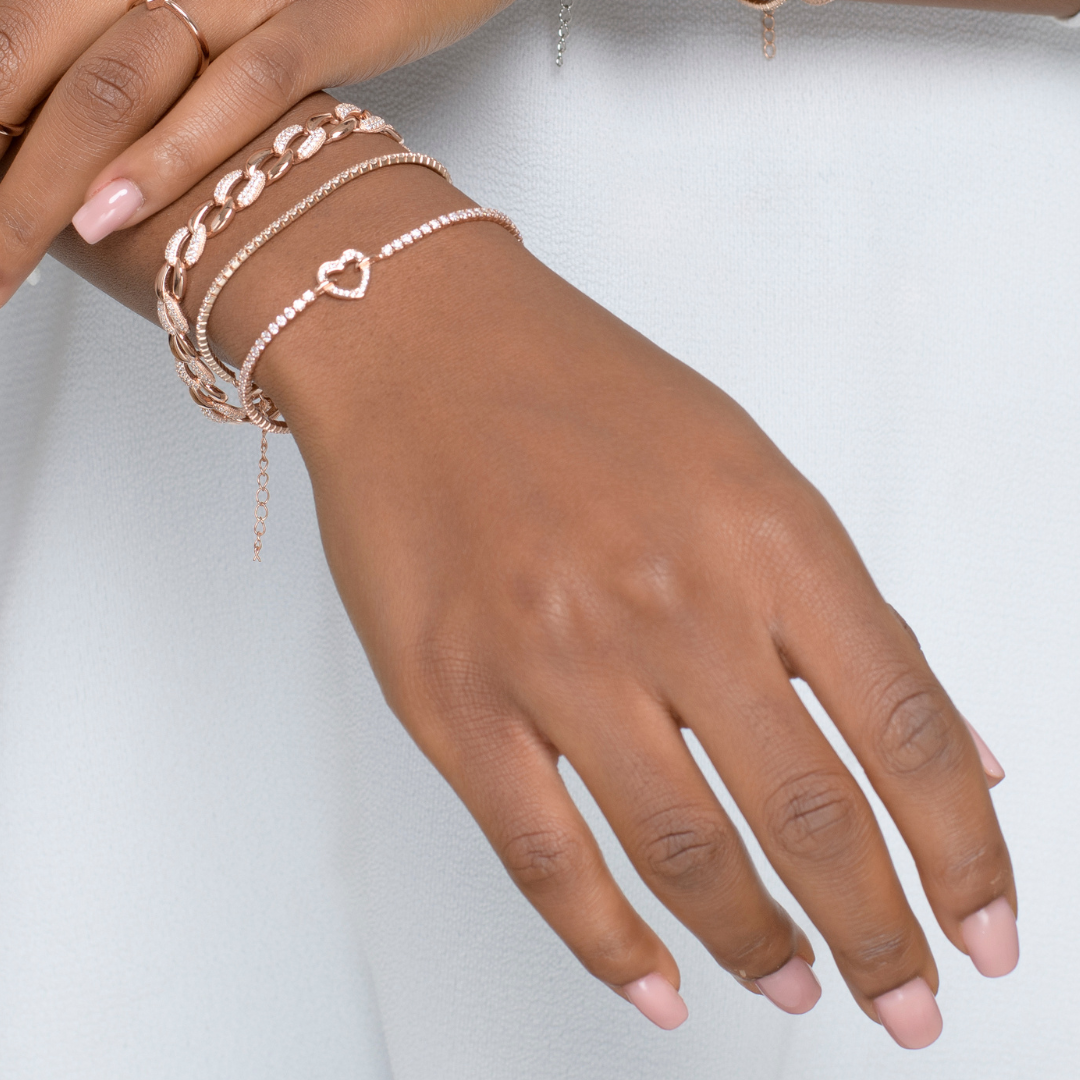 Braccialetto Tennis Cuore Centrale Celeste - Bracciale Donna Placcato Rosa e Zirconi Bianchi
