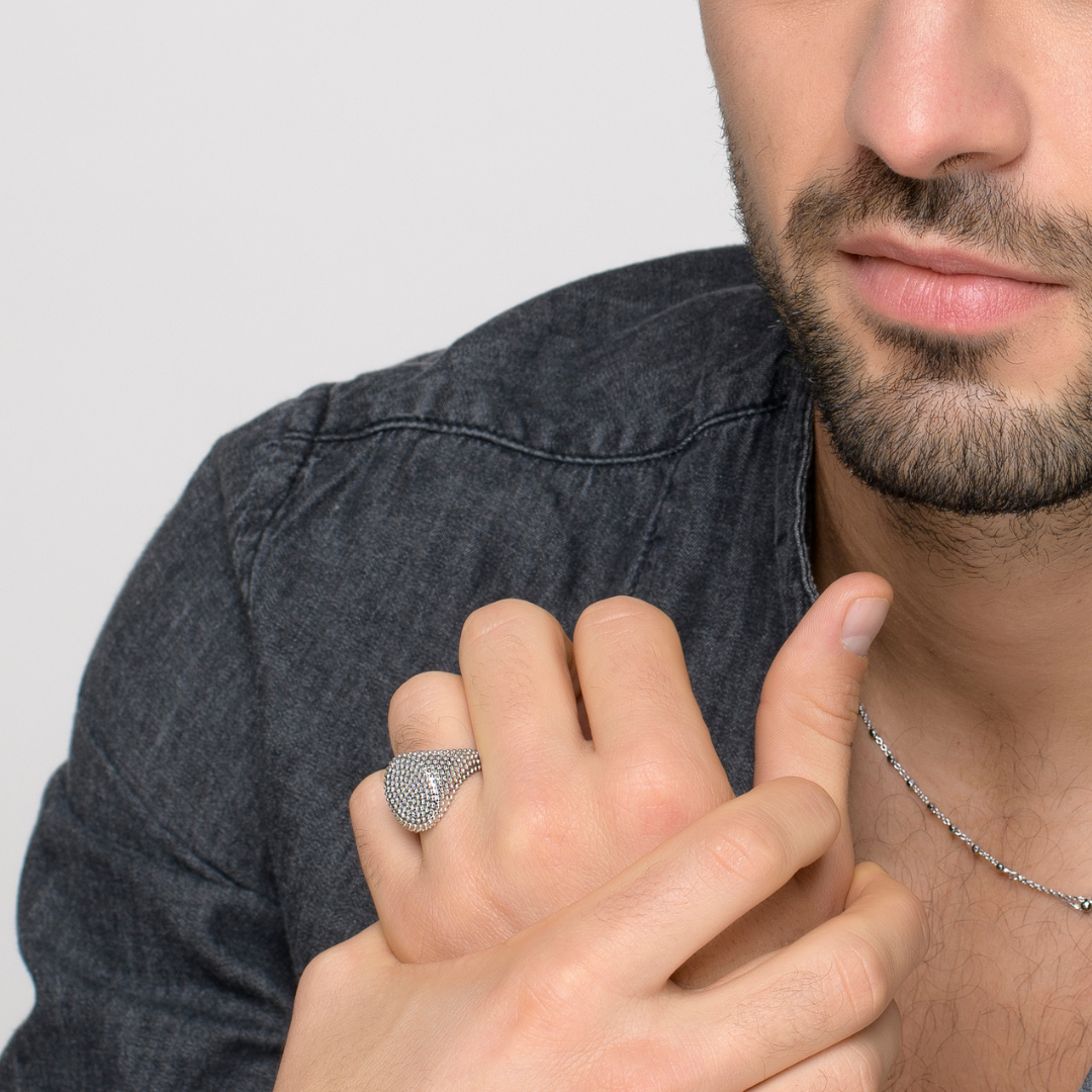 Anello Chevalier Puntinato Ovale Aleandro - Anello Uomo Argento 925