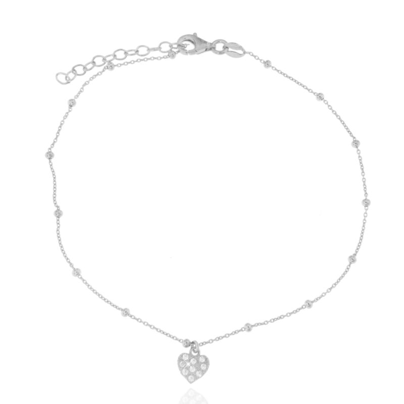 Cavigliera Pallini Alternati Con Cuore Pavè di Zirconi- Cavigliera Donna Argento e Zirconi Bianchi