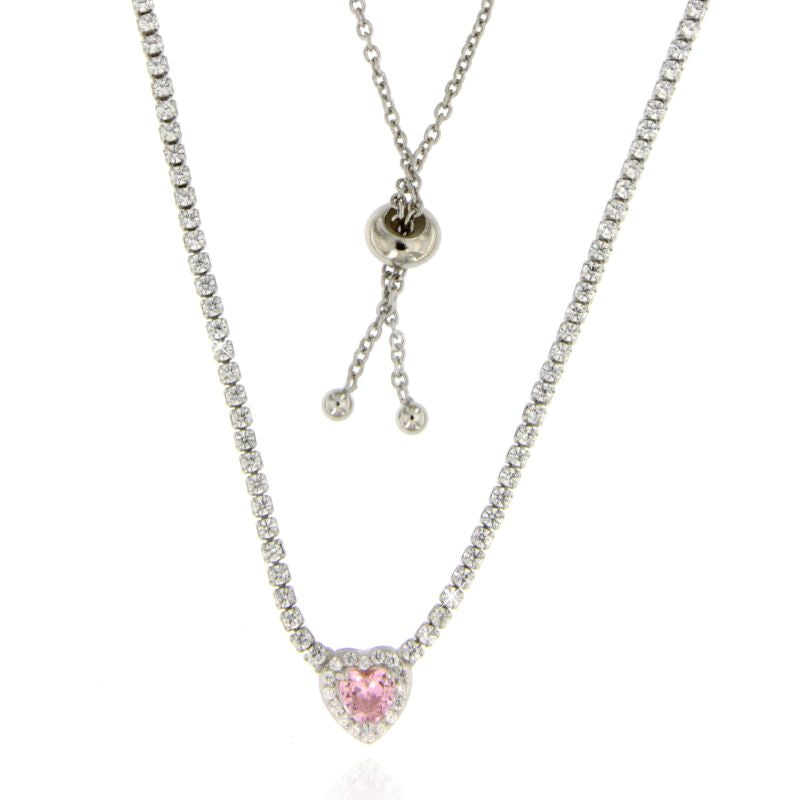 Collana Tennis con Cuore Rosa - Collana Donna Argento 925