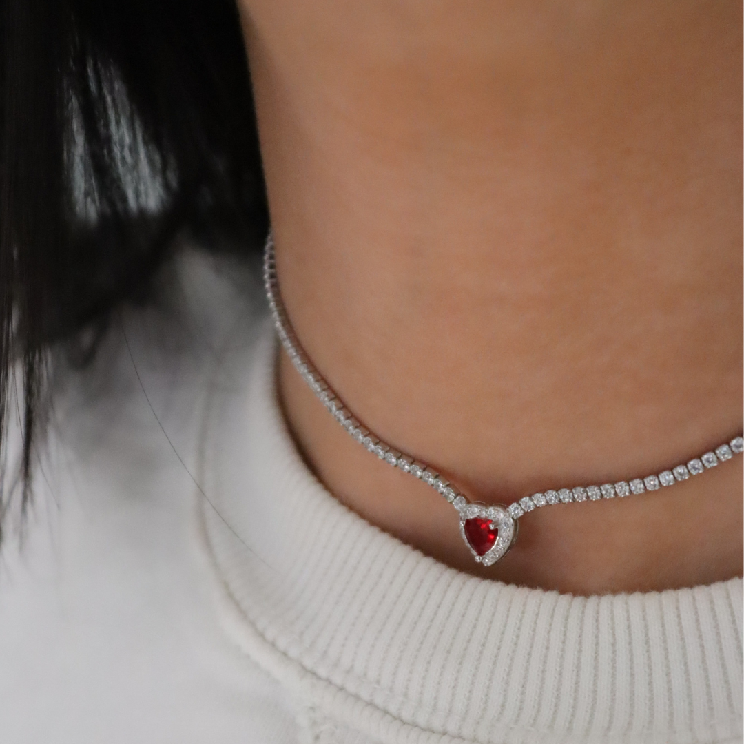 Collana Tennis con Cuore Rosso - Collana Donna Argento 925