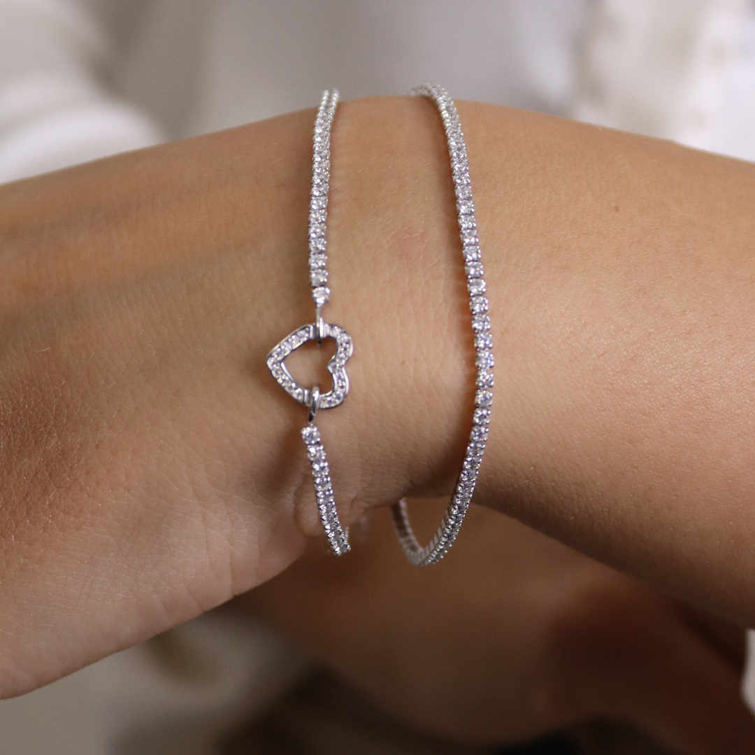 Braccialetto Tennis Cuore Centrale Celeste - Bracciale Donna Argento e Zirconi Bianchi