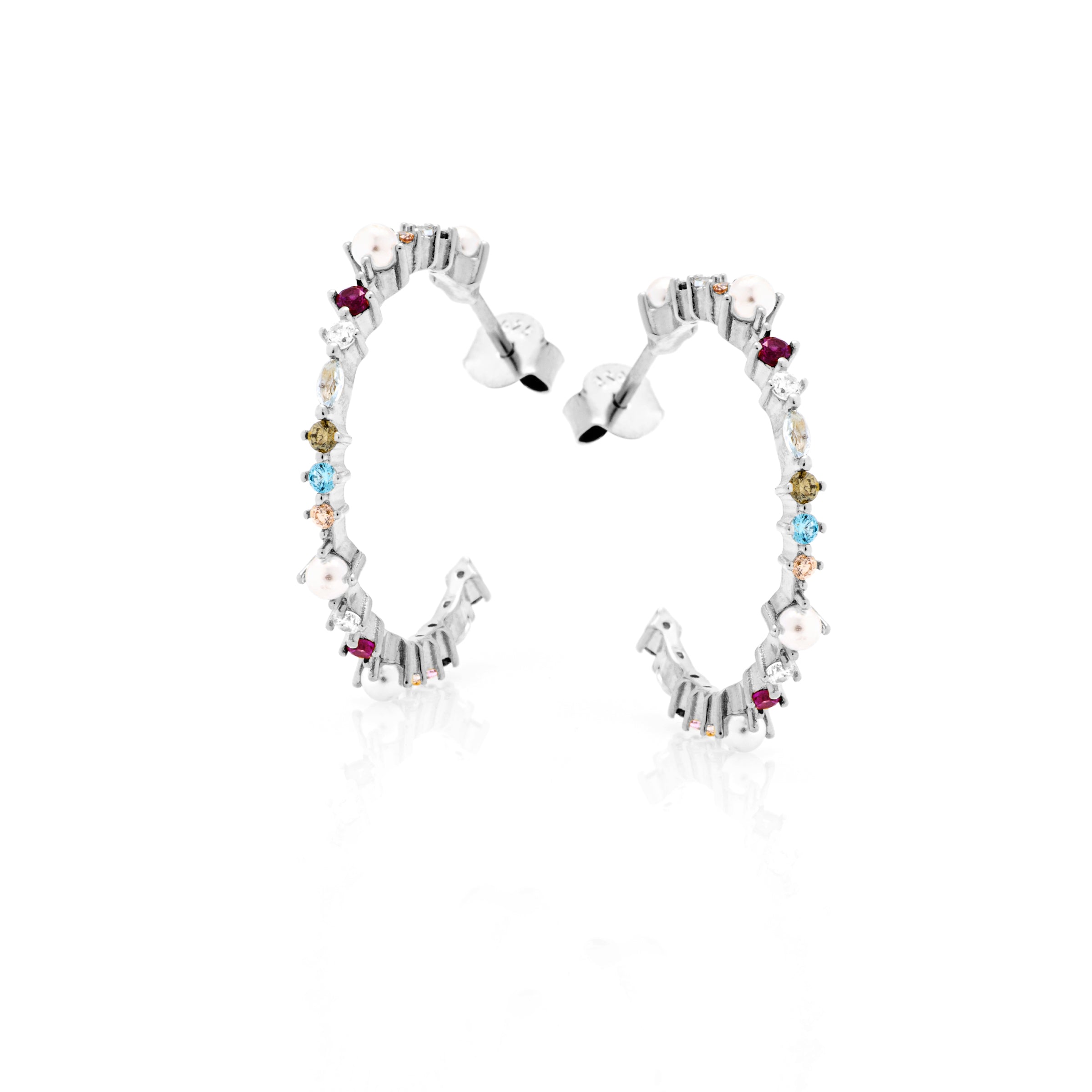 Orecchini Cerchio con Zirconi Colorati e Perle - Orecchini Donna Argento 925